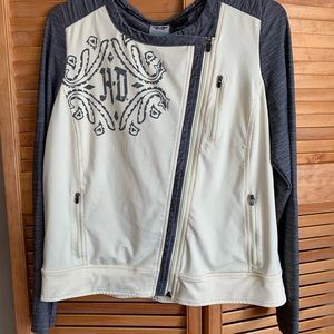 Harley Davidson sz L yellow and grey jacket. Full zip front. 89% poly, 11% Lycra